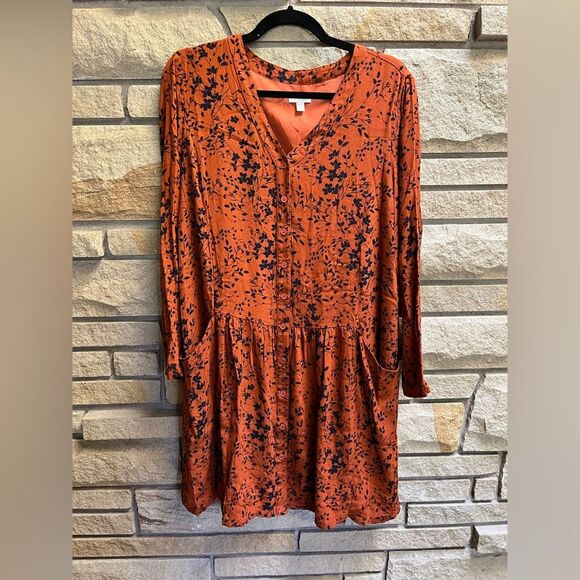 Garnet Hill Shirtdress Floral Print Drop Waist Pockets Rust Navy 12 - Picture 2 of 11
